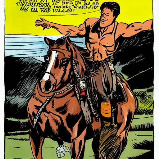 Prompt: terminator arnold schwarzenegger riding a horse lucky luke comics maurice de bevere n - 4