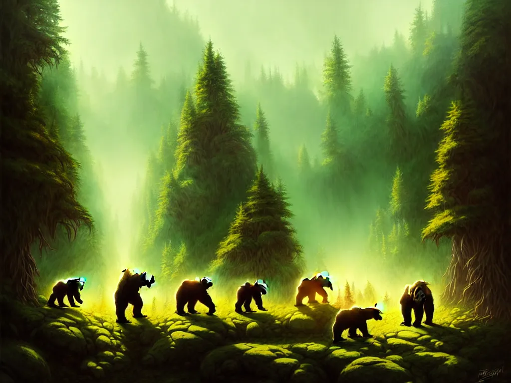 Prompt: highly detailed concept art of colossal bear facing off against an herd of goblins in a middle - earth forest, an ultrafine detailed painting, trending on deviantart, neo surrealism, sharp focus, octane, masterpiece, art by anato finnstark