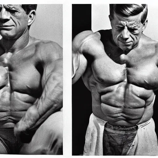Prompt: A very accurate copy of Irving Penn's Muscle Builder (1951), accurate copy of all the original photo's details, but with jfk's very detailed face