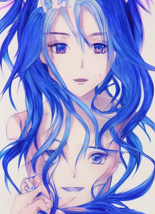 Prompt: a woman with blue hair sitting underwater, a beautiful anime drawing by yuumei, featured on pixiv, pixiv, seapunk, very anime anime!! detailed