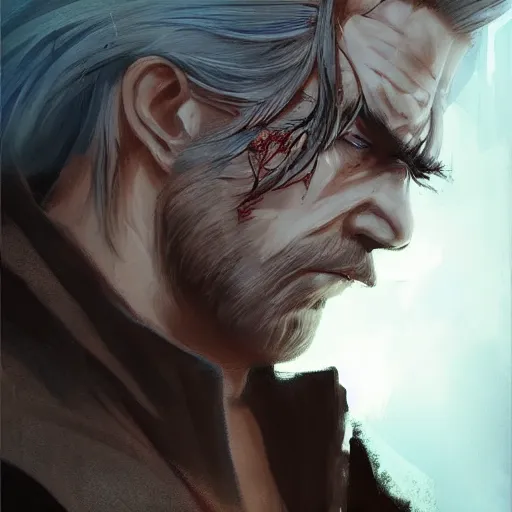 Image similar to portrait of a muscular, grim, ponytail haired blonde man in his late 30's, wearing a thick brown leather coat, looking to his side, scarred face, blue eyes, hunter, DnD character, fantasy character, dramatic lighting, digital art by Ruan Jia, Krenz Cushart, Rossdraws and Boris Vallejo