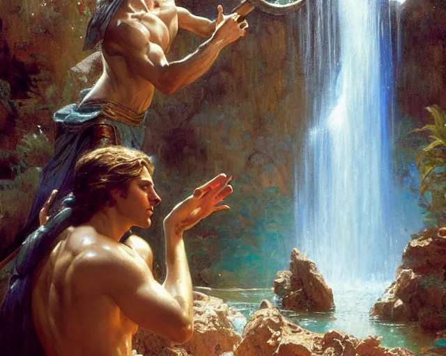 Prompt: attractive male wizard casting time magic, stopping water from a waterfall. highly detailed painting by gaston bussiere, craig mullins, j. c. leyendecker 8 k