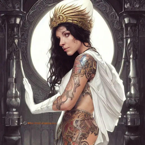 Prompt: an attractive young tattooed female with piercings wearing an white ornate metallic helmet, evangeline lilly, olive skin, long dark hair, beautiful bone structure, intricate, elegant, highly detailed, digital painting, artstation, concept art, smooth, sharp focus, illustration, art by artgerm and greg rutkowski and alphonse mucha