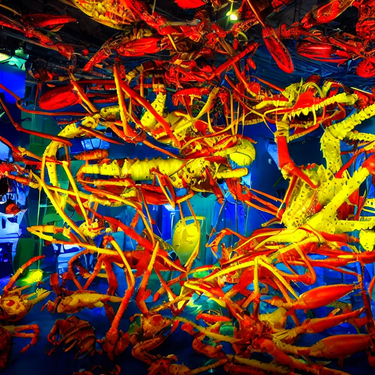 Prompt: fluxus performance of primary colors light projection onto several giant lobsters in a cramped art gallery, high contrast hyperrealism trending on arstation 8 k