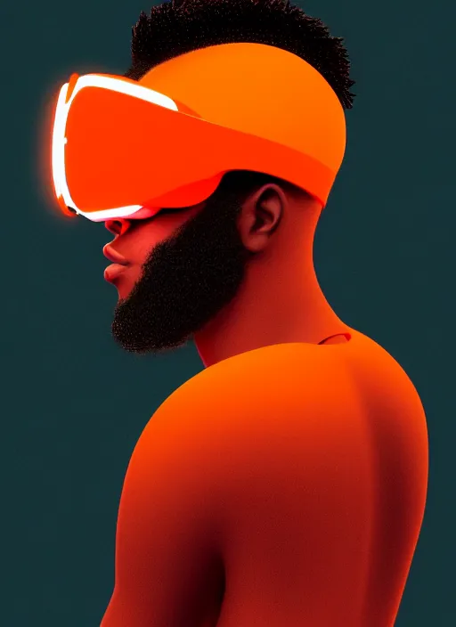 Prompt: side profile of a young black man with a mohawk wearing and vr goggles trimmed in glowing orange light, highly detailed techwear, angular jawline and large adam's apple, digital painting, artstation, concept art, smooth, sharp focus, illustration, art by wlop, uang guangjian and gil elvgren and sachin teng and greg rutkowski