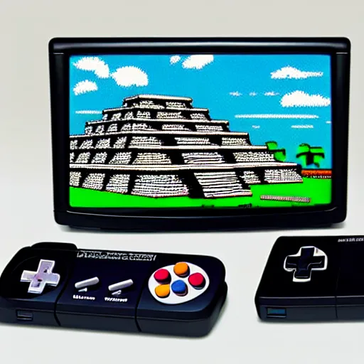 Image similar to a retro crt television and super nintendo game consoledesigned by ancient mayans and aztecs, television and super nintendo game console made by ancient taino and aztec, made from plasitc, sleek white, game cartridges