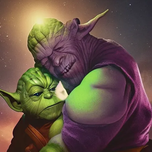 Image similar to photo of thanos sleeping in bed next to yoda