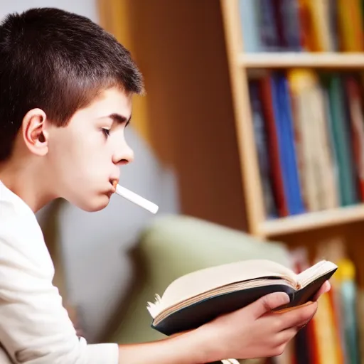 Prompt: dramatic scene of a young student smoking and reading books, very detailed face