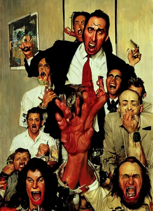 Image similar to nicholas cage screaming about crazy evil in his own living room, painted by norman rockwell and phil hale and tom lovell and frank schoonover