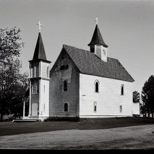 Prompt: A photograph of an old New England church, circa 1960