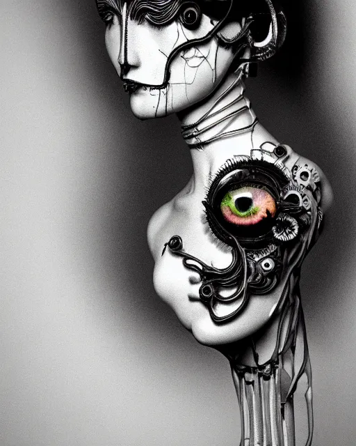 Image similar to black and white dreamy foggy smoky profile face portrait, one silver steampunk eye biomechanical beautiful young female cyclope - cyborg - robot bust, body ribs meshes,, volumetric light, hibiscus flowers, by hg giger, rim light, by dora maar and cecile beaton, big gothic fashion pearl embroidered collar, 8 k