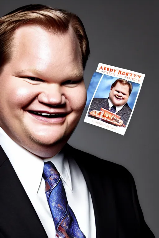 Prompt: andy richter in a suit and necktie, ultra hd photo, 3 5 mm close up, fish eye, realistic, smiling, holding a postcard from chicago