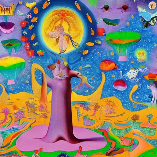 Image similar to a masterpiece collaborative painting by bosch and lisa frank