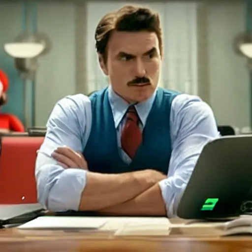 Prompt: film still of real life super mario with his arms crossed sitting at a desk in the new sci - fi movie