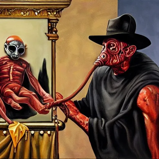 Image similar to hyper realistic painting of a handsome man symmetrical, sitting in a gilded throne, tubes coming out of the man's arm, getting a blood transfusion from a baby. plague doctor in the background created by mike allred
