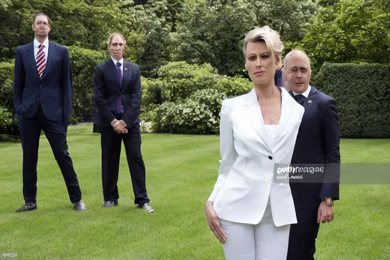 Prompt: < https : / / s. mj. run / njkon _ r 0 u 6 g > press photo of a beautiful 3 5 year old powerful white female president in a suit, being held romantically by her two younger white boyfriends in the white house rose garden, professional photo, press photo, glamorous, 8 k photorealistic, very detailed