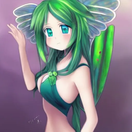 Prompt: beautiful, green haired, anime girl, blue eyes, fairy wings