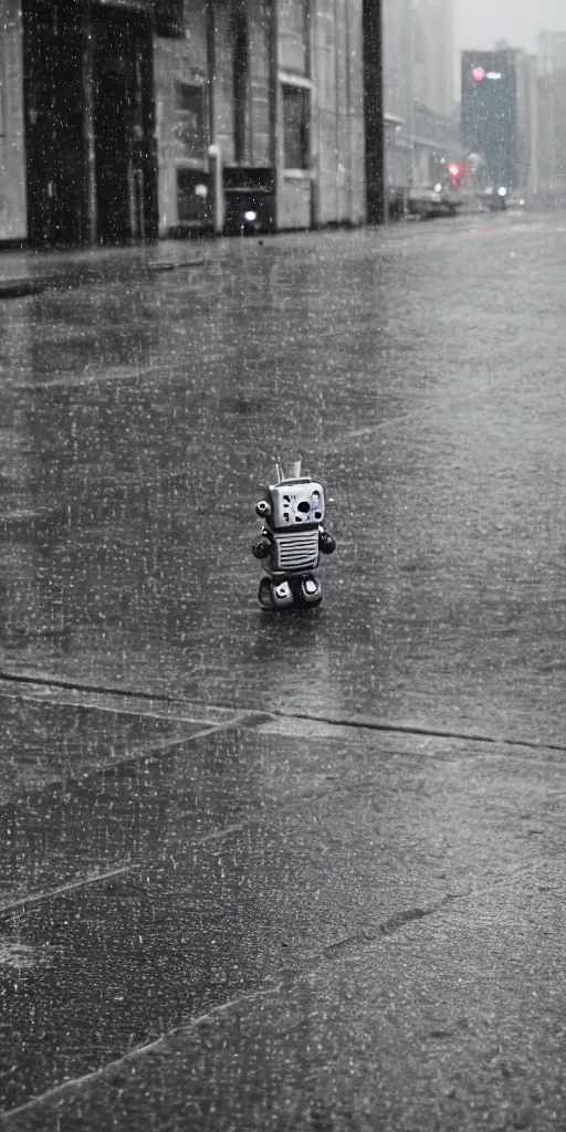 Image similar to robot on the road, city, photo, rain,