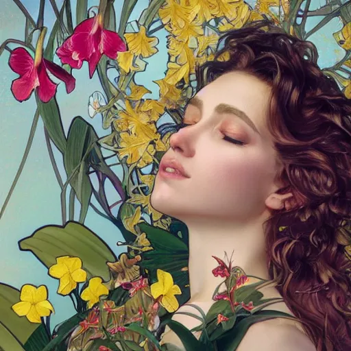 Prompt: a beautiful fine art portrait photo of a resting cyborg, wavy hair spread out, surrounded by hibiscus, daffodils, moth orchids, montsera leaves by alphonse mucha and zach sutton, soft lighting, very detailed, deep depth of field, artstation, 4K