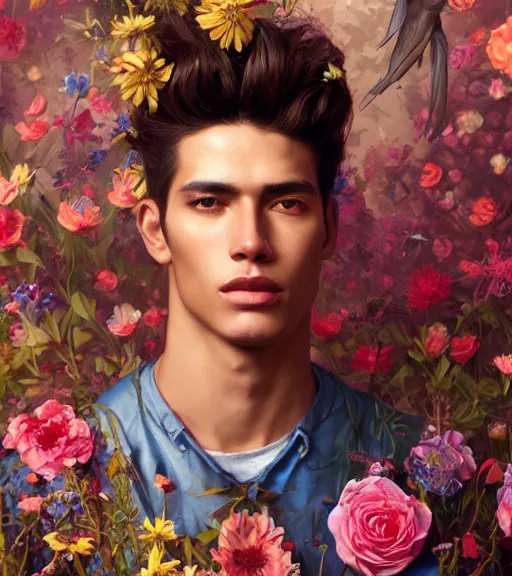 Image similar to portrait of a very handsome peruvian male model, surrounded by flowers by karol bak, james jean, tom bagshaw, rococo, trending on artstation, cinematic lighting, hyper realism, octane render, 8 k, hyper detailed.