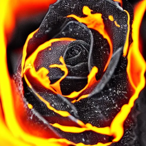 Image similar to award - winning macro of a beautiful black rose made of glowing molten magma