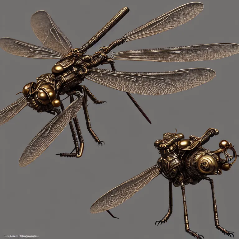 Image similar to steampunk robot dragonflies, 3 d model, unreal engine realistic render, 8 k, micro detail, intricate, elegant, highly detailed, centered, digital painting, artstation, smooth, sharp focus, illustration, artgerm, wlop