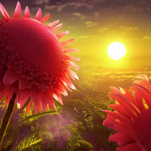 Prompt: a closeup photorealistic photograph of flowers, a beatiful sunset, fantastic four theme. bright scene. fine detail. this 4 k hd image is trending on artstation, featured on behance, well - rendered, extra crisp, features intricate detail, epic composition and the style of unreal engine.
