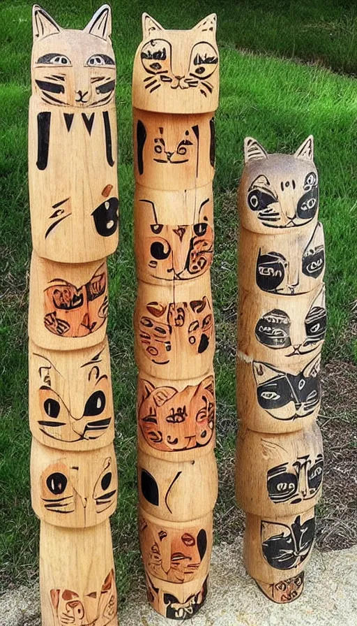 Prompt: “wooden totem pole of cats”