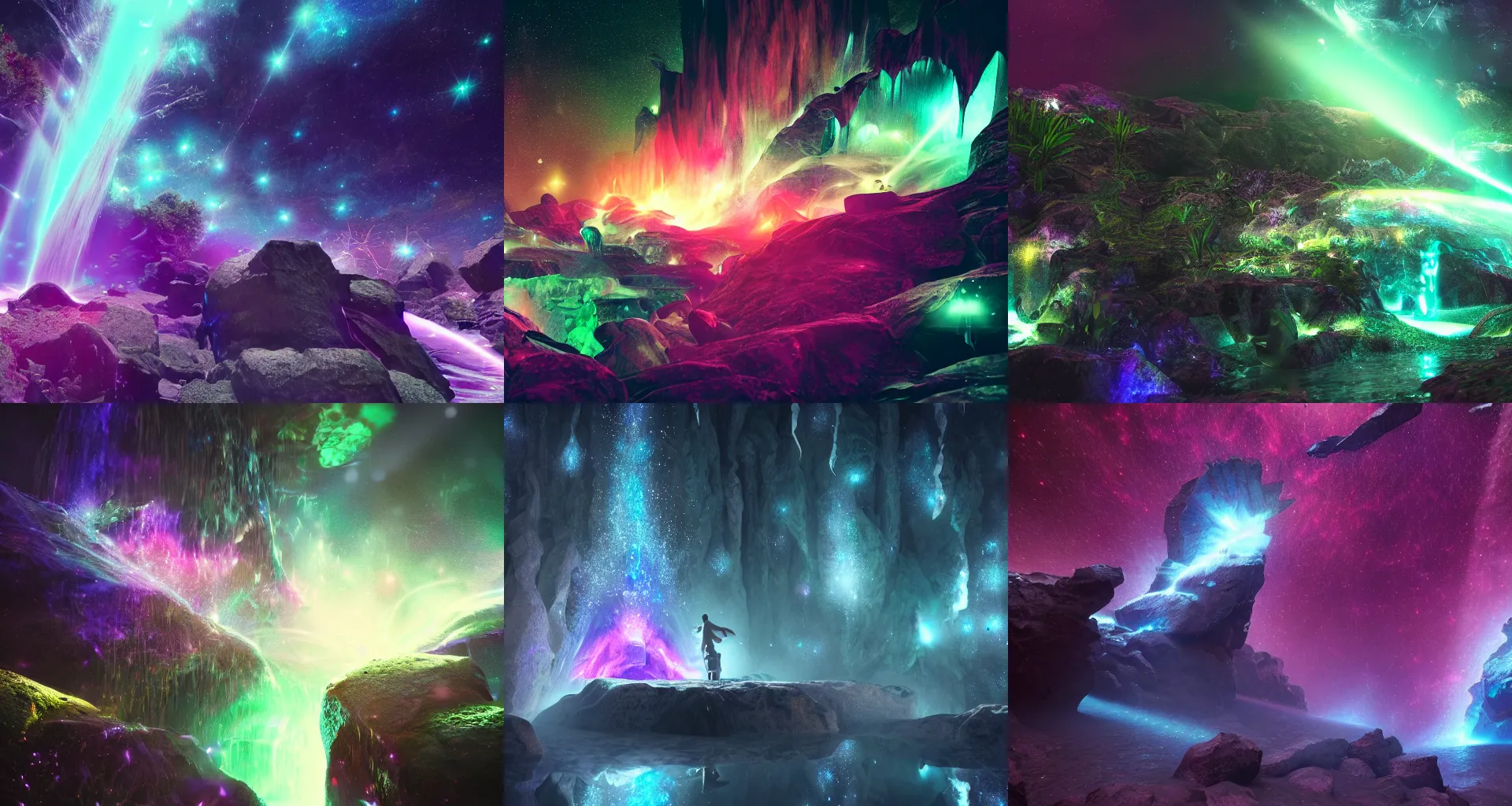 Prompt: Astral waterfall in the space forest, stars, dark, glittering, glowing, 4K, Octane Render, digital art, trending on ArtStation