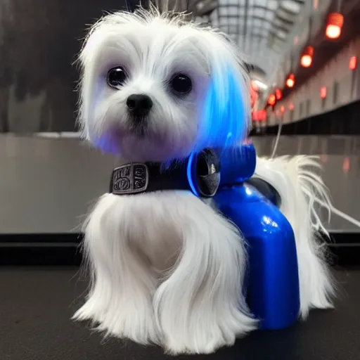 Image similar to a cyberpunk maltese dog