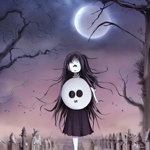 Prompt: anime hd, anime, 2 0 1 9 anime, tim burton children, western artstyle in anime, ghost children, children born as ghosts, dancing ghosts, london cemetery, albion, london architecture, buildings, gloomy lighting, moon in the sky, gravestones, creepy smiles