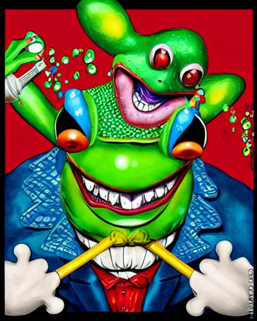 Prompt: Clown Frog King popping champagne at the roulette table, clown frog king wearing clown makeup and rainbow wig, clown crown artwork by Glenn Fabry and Kentaro Miura