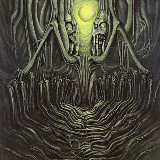 Image similar to painting of a landscape by h. r. giger | horror themed | creepy