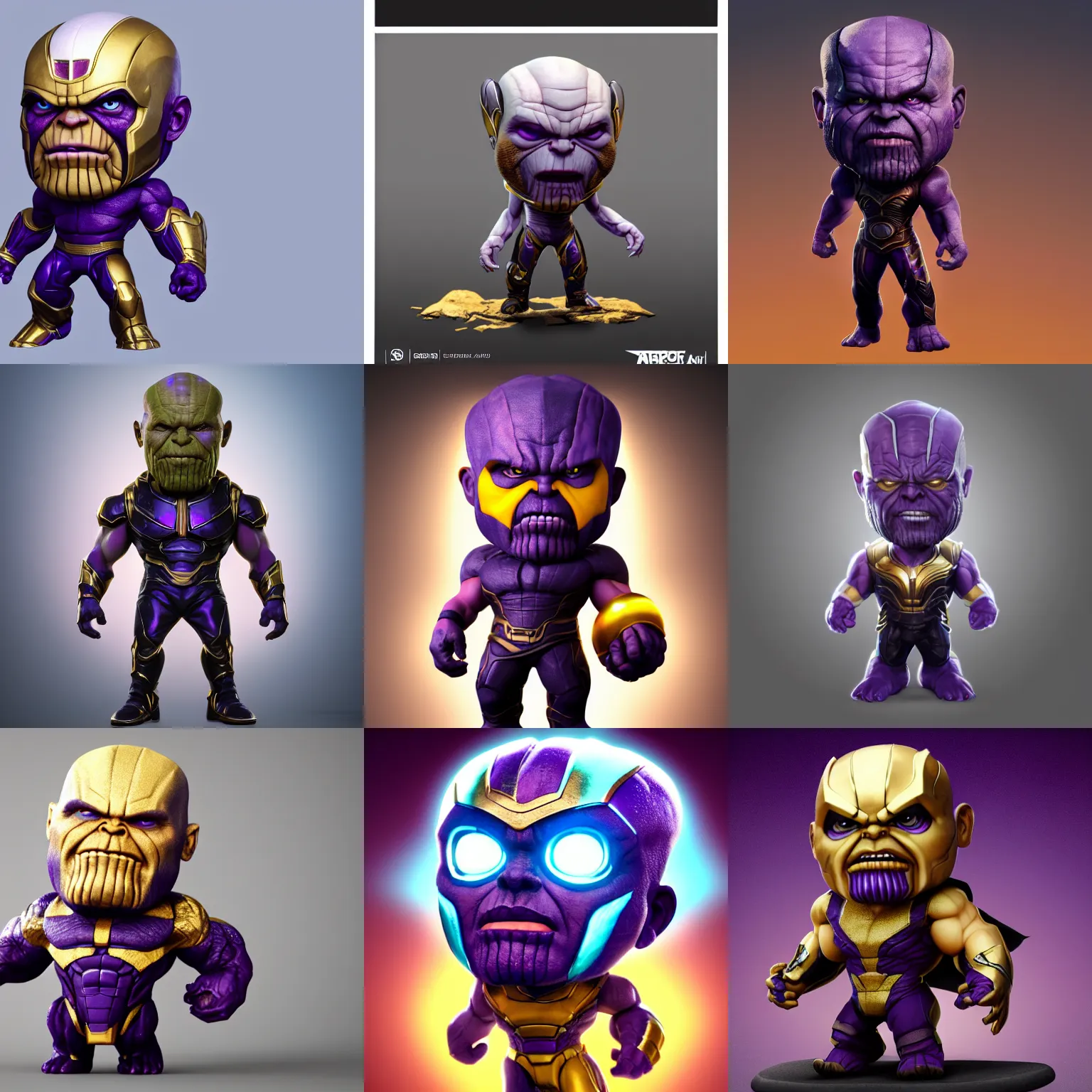 Prompt: A render of chibi thanos, studio lighting, white background, blender, trending on artstation, 8k, highly detailed