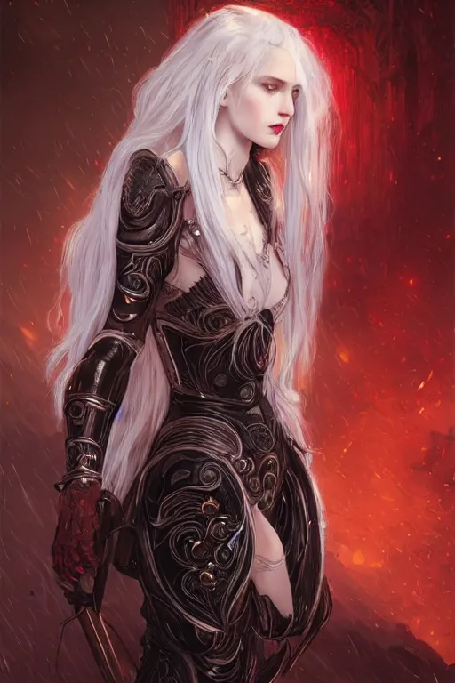 Image similar to portrait knights of white hair Zodiac girl+smoky eyes, black fire red color reflected armor, in ruined Agora of Athens rainy night, ssci-fi and fantasy, intricate and very very beautiful and elegant, highly detailed, digital painting, artstation, concept art, smooth and sharp focus, illustration, art by tian zi and WLOP and alphonse mucha