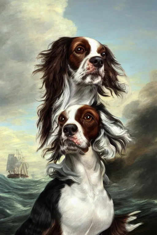 Image similar to a painted portrait of a springer spaniel with brown fur, no white fur, wearing a sea captain's uniform and hat, sea in background, oil painting by thomas gainsborough, elegant, highly detailed, anthro, anthropomorphic dog, epic fantasy art, trending on artstation, photorealistic, photoshop, behance winner