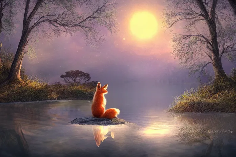 Prompt: A beautiful fox stands near a lake under the moonlight, highly detailed brush style, water reflections, soft fur, two pointed ears, thick fluffy tail, beautiful lighting, wildlife, digital art, trending on ArtStation