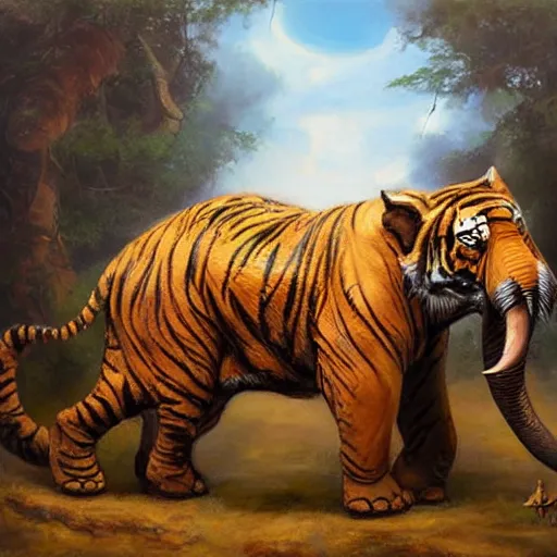 Image similar to tiger - elephant creature, oil painting by justin gerard