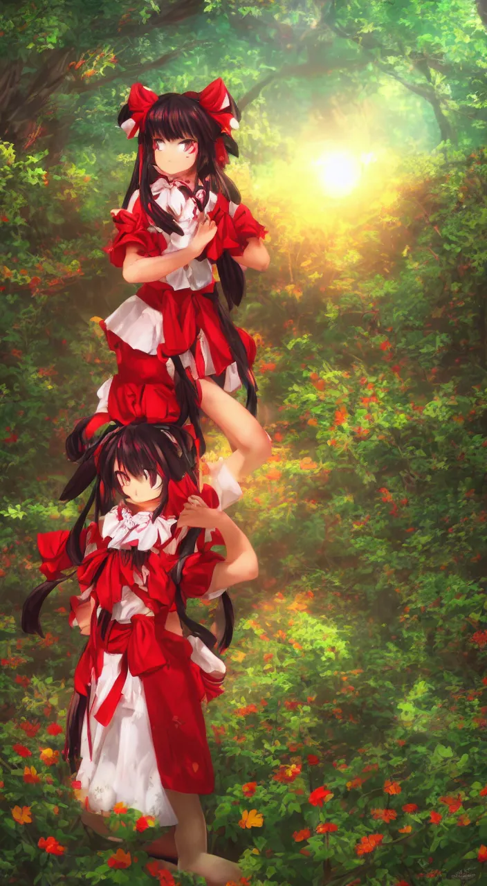 Image similar to a full portrait of Reimu Hakurei from Touhou Project looking on sunset in the forest, highly detailed, 8k, illustration