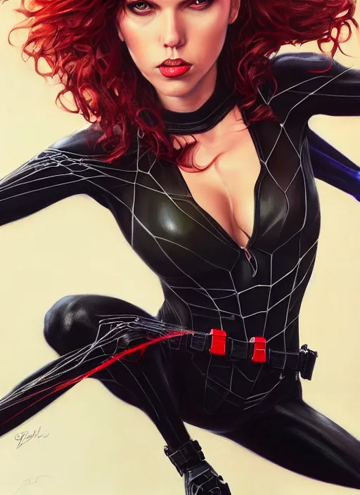 Prompt: painting of a black widow weaves a web, highly detailed, digital painting, artstation, concept art, smooth, sharp focus, illustration, art by gabriele dell otto, 8 k