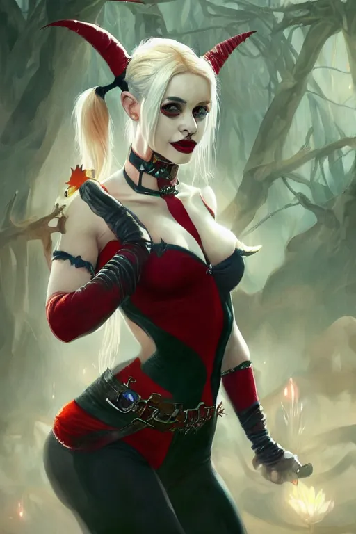 Image similar to portrait of harley quinn as a demon elf queen, forest, godlike, upper body, fantasy, intricate, elegant, highly detailed, digital painting, artstation, concept art, sharp focus, illustration, art by artgerm and greg rutkowski and alphonse mucha