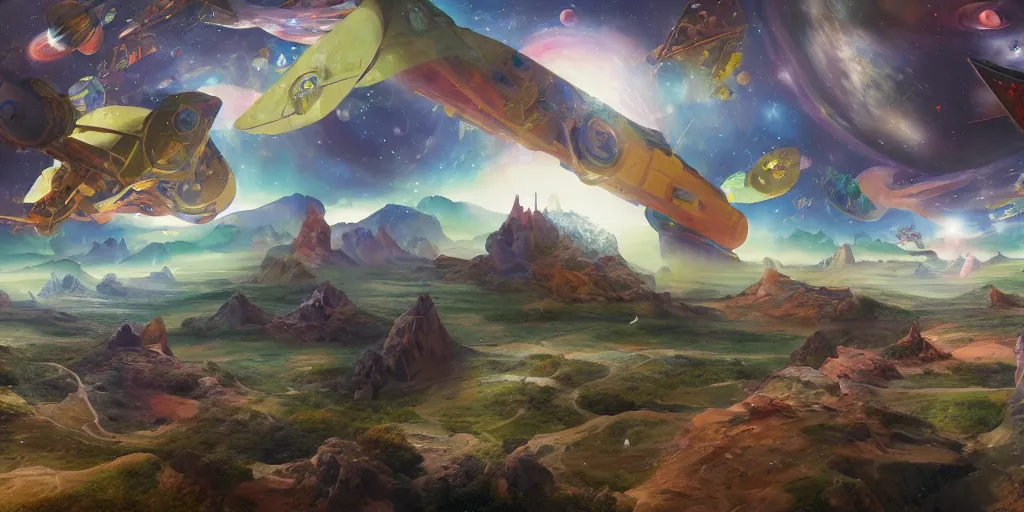 Prompt: a beautiful painting of an elaborate space sci - fi scene painted by lisa frank and hieronymous bosch, detailed, unreal engine, volumetric lighting, shadows, reflections