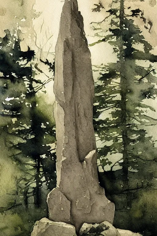 Prompt: abstract watercolor painting of witch god monument, in stone and wood, moss, magical and traditional, cinematic light, national romanticism by anders zorn