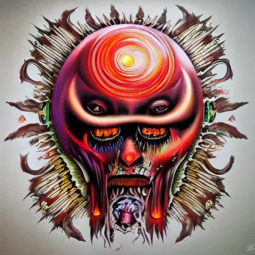 Image similar to the second layer of hell, airbrush art, shamanic dmt horror art, by basuki abdullah