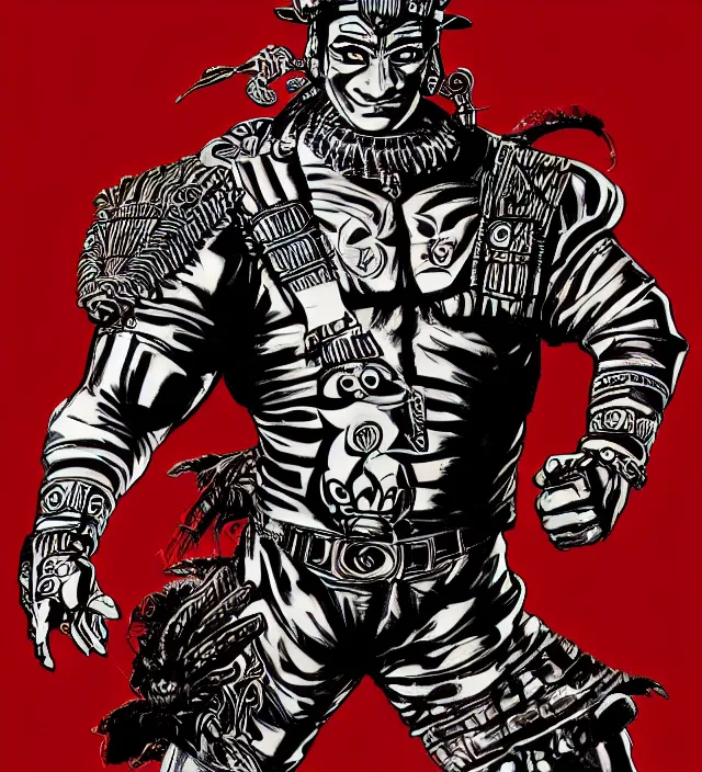 Image similar to full body pose, hd, manga anime portrait of an aztec god in combat boots and overalls, in ishikawa ken frank miller jim lee alex ross style detailed trending award winning on flickr artstation,