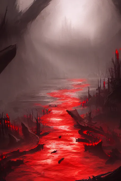 Image similar to bloody river in hell, trending on artstation