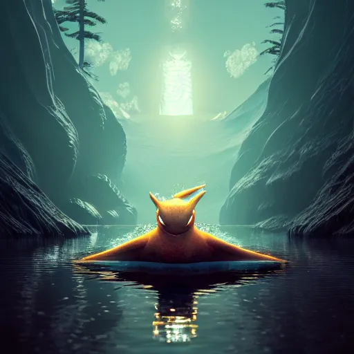 Image similar to ( ( pokemon ) ) creature creature in alaska, backlit, water reflection, warm tones : : by michal karcz, daniel merriam, victo ngai and guillermo del toro : : ornate, dynamic, particulate, intricate, elegant, highly detailed, centered, artstation, smooth, sharp focus, octane render, 3 d