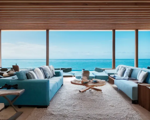 Image similar to A modern living room in a ocean hues style next to a big terrace overlooking the ocean, a luxurious wooden coffee table with large seashells on top in the center, inspired by the ocean, calm, relaxed style, harmony, wide angle shot, 8k resolution, ultra detailed