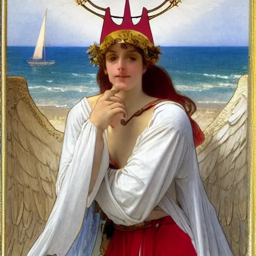 Prompt: An angel with jester hat and clothes on a greek circle archi on the front of a Balustrade with a beach and a sail boat on the background, major arcana cards, by paul delaroche, alphonse mucha and daniel garber daniel garber hyperrealistic 8k, very detailed