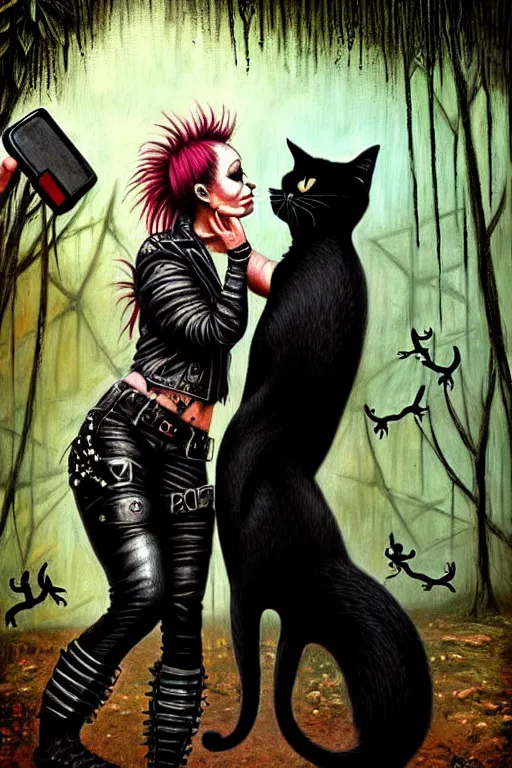 Image similar to punk rock girls kissing and making selfie with black cats in jungle , 1980 style, mad max jacket, post apocalyptic, Cyberpunk, renaissance, Gothic, mystic, highly detailed, digital painting, 4k, fog, oil painting by Leonardo Da Vinci, hyper realistic style, fantasy by Olga Fedorova